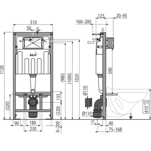 Alcadrain Скрытая система инсталляции для сухой установки, высота монтажа 1,12 м AM101/1120-0001