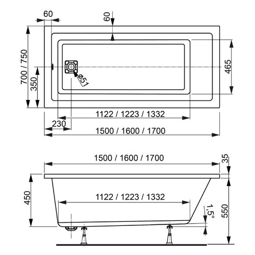 Ванна акриловая VAGNERPLAST CAVALLO прямоугольная 170х75 см, белая (VPBA170CAV2X-04)