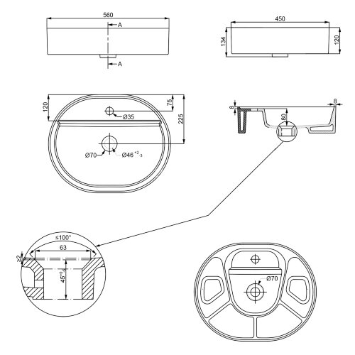Раковина-чаша Creo Ceramique 560х450х120 накладная, овальная, керамика, белый глянцевый (PU4500)