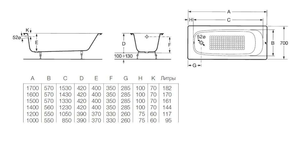 Ванна чугунная Roca CONTINENTAL 150х70, противоскользящее покрытие