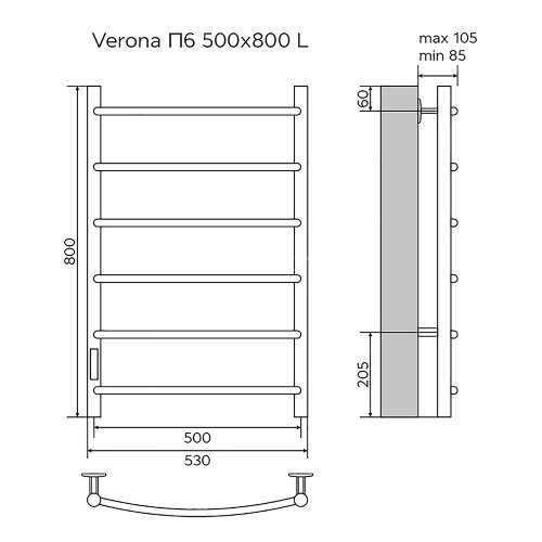 Полотенцесушитель электрический AZARIO VERONA 500/800 6 секций, диммер слева, белый (AZ04758W)