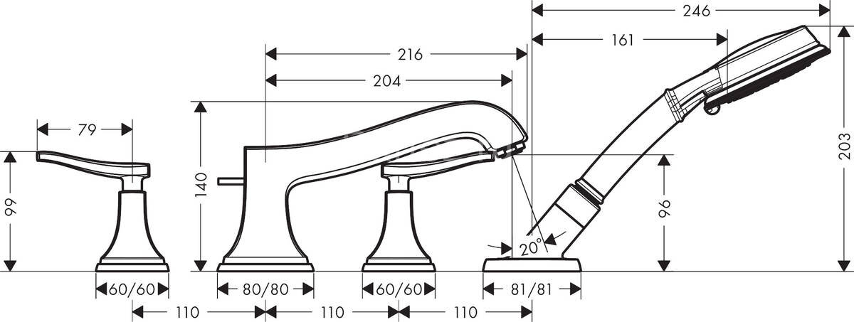 Hansgrohe 31441000 Metropol Classic Смеситель на край ванны, на 4 отверстия, с рычаговыми рукоятками