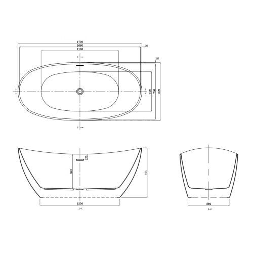 Ванна акриловая Azario GLASGOW 1700х800х665, свободностоящая, в комплекте с сифоном и металлической 