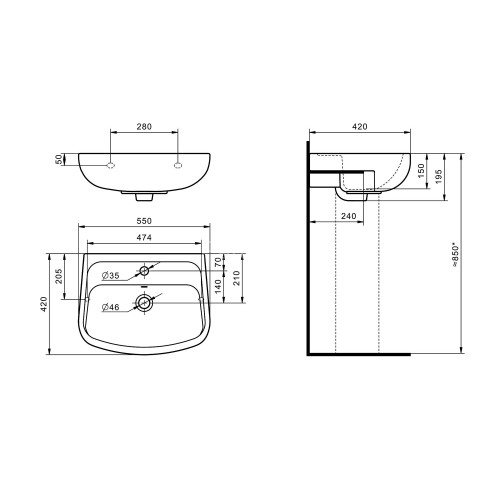 Раковина подвесная Santek "Лонги-55" 550х420х195 фарфор, 1 отверстие под смеситель, белая (1.WH50.1.