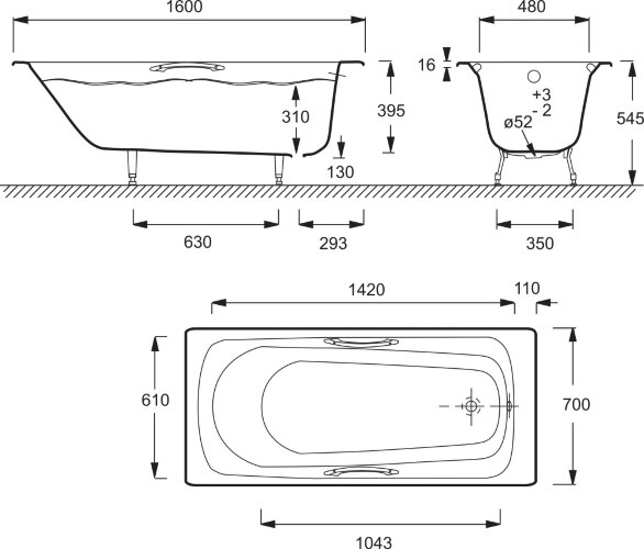 Ванна чугунная  Jacob Delafon MELANIE 160x70 см с антискользящим покрытием, с отверстием для ручек, 