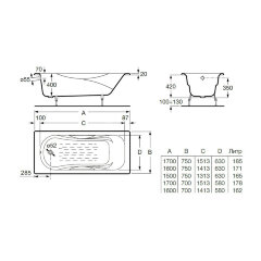 Ванна чугунная Roca MALIBU 160х70, противоскользящее покрытие, без ручек