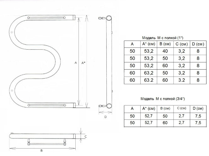 Полотенцесушитель водяной ДВИН M М-образный 50/50 c полкой, полированный (4627086010769)
